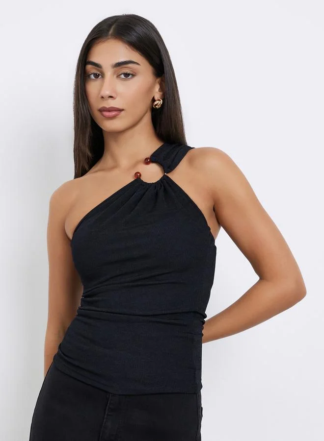 Styli Styli Black One Shoulder Knit Top With Ring Detail